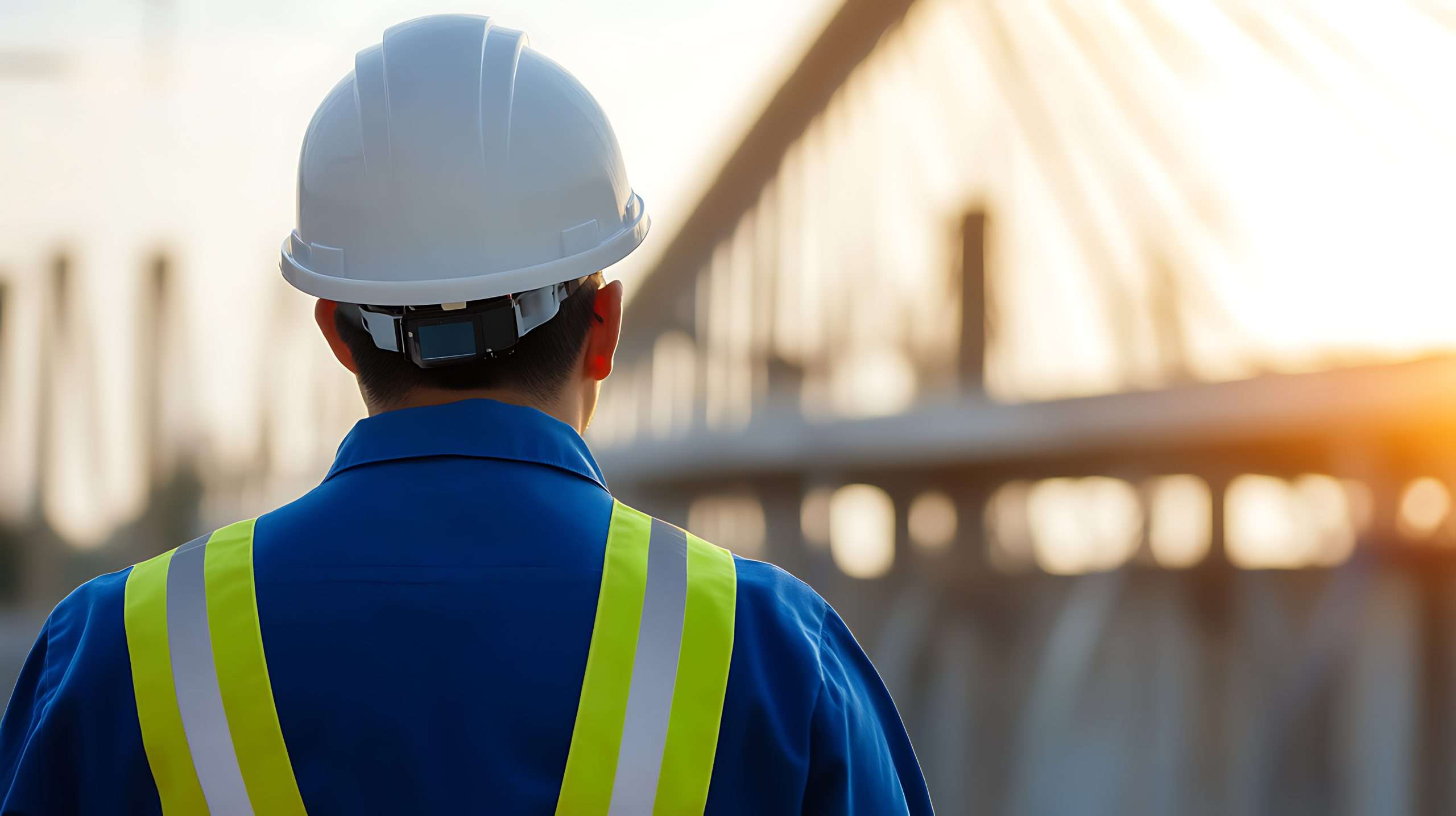 Construction worker with safety gear looks at bridge. Protecting our future and building a stronger tomorrow through infrastructure projects and dedicated professionals.