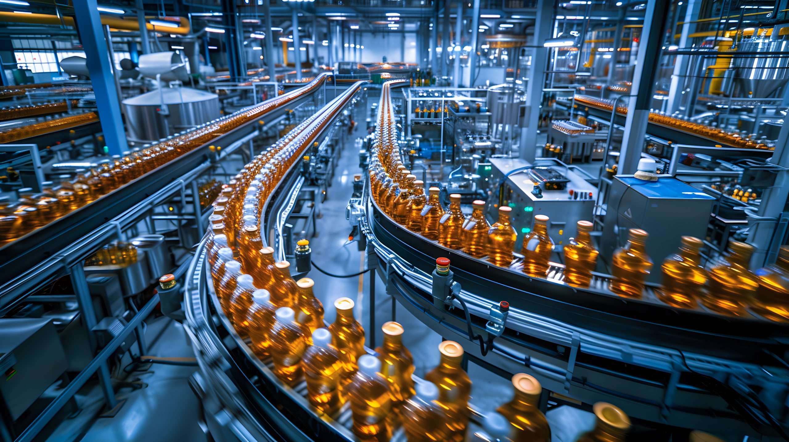 Conveyor belt, juice in bottles, beverage factory interior in blue color, industrial production line. generative ai