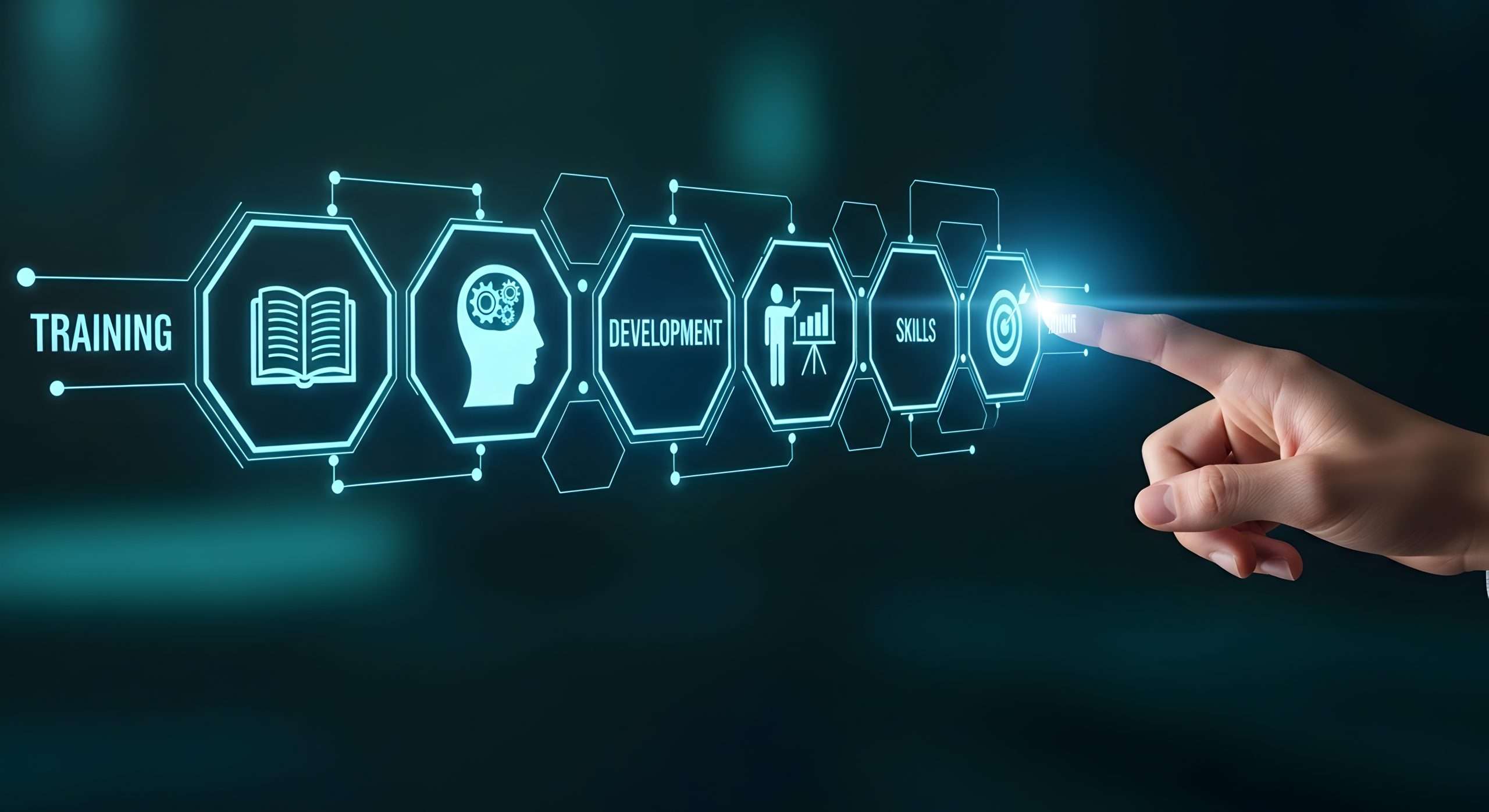 Digital interface showing a hand activating icons for training,